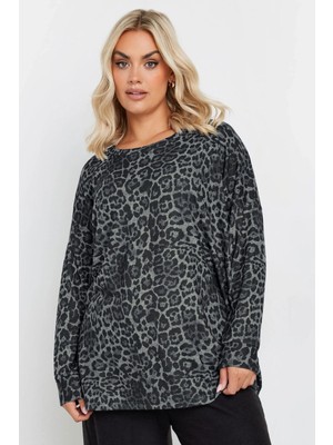 Büyük Beden Bisiklet Yaka Uzun Kollu Leopar Desenli Bluz 322186