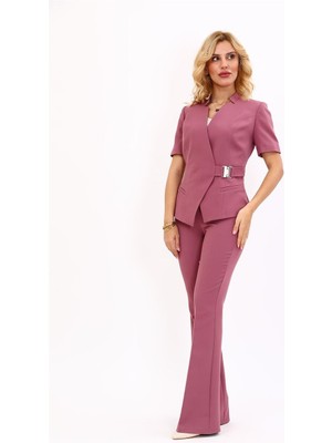 Hakim Yaka Yandan Tokalı Çapraz Ceket & Ispanyol Paça Pantolon-Rose