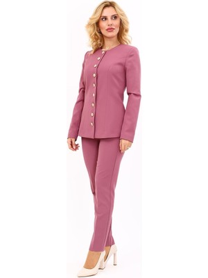 Sıfır Yaka Boydan Düğmeli Ceket & Dar Paça Pantolon-Rose