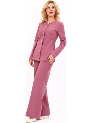 Sıfır Yaka Boydan Düğmeli Ceket & Bol Paça Pantolon-Rose