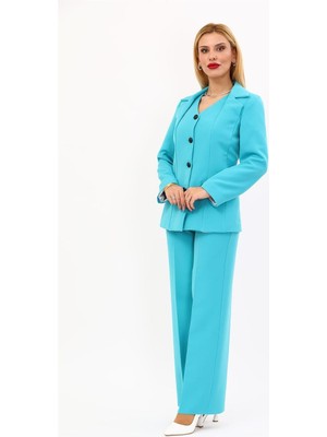 Erkek Yaka Yelek Ceket & Bol Paça Pantolon-Turkuaz