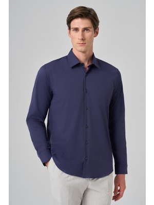  Erkek Lacivert Slim Fit Sert Yaka Gömlek