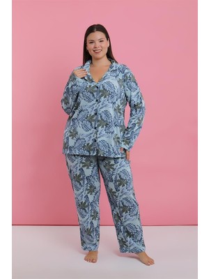 Moda Serdem Modaserdem  Kadın Büyük Beden Mavi Tropikal Desenli Düğmeli Pijama Takımı