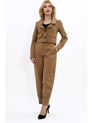 Gömlek Yaka Kısa Ceket &  Paçası Pileli Pantolon-Camel