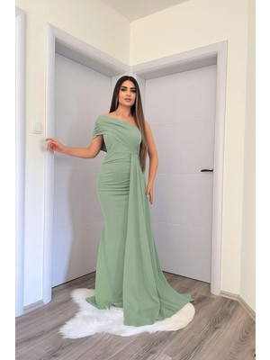 Esnek Kumaş Tek Omuz Yan Kuyruk Detaylı Balık Kesim Abiye ve Mezuniyet Elbisesi Mint 583026