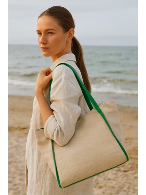 Kadın Omuz Çantası – Keten Kumaş Deri Detaylı Lüks Çanta