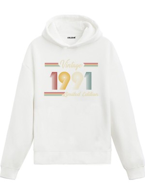 Vintage Hoodie 1991 Doğum Tarihi Baskılı Doğum Günü Hediyesi Kapşonlu Unisex Hoodie
