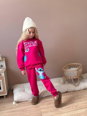 Kız Çocuk Stitch Baskılı Içi Polarlı Beli Lastikli Bağcıklı Pamuklu Kumaş Pembe Renk Alt Üst Takım