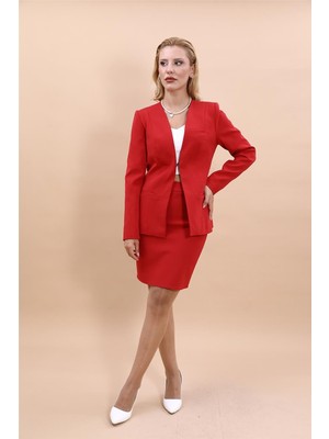 V Yaka Boydan Kuplu Kılasik Ceket & Yırtmaçlı Düz Dar Etek-Kırmızı