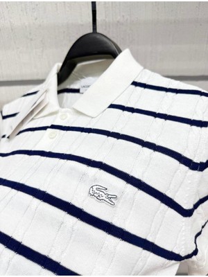 Premium Erkek Beyaz Çizgili Polo Yaka Tişört