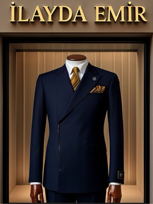 Özel Tasarım Italyan Kesim Fermuarlı Erkek Takım Elbise Lacivert