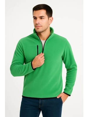 Erkek Polar Kazak – Dik Yaka, Yarım Fermuarlı, Fermuarlı Göğüs Cepli, Siyah Biyeli, Kışlık Rahat Regular Fit Günlük Model - Yeşil