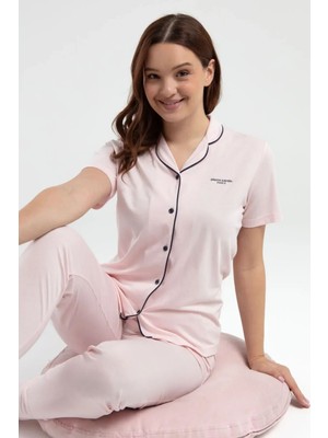 Pierre Cardin 7715 Kadın Somon Kısa Kollu Önden Düğmeli Biyeli Gömlek Pijama Takımı