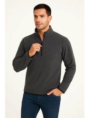 Erkek Polar Kazak – Dik Yaka, Yarım Fermuarlı, Fermuarlı Göğüs Cepli, Siyah Biyeli, Kışlık Rahat Regular Fit Günlük Model - Füme