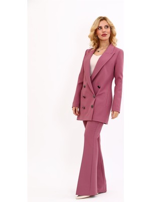 Erkek Yaka Kuruvaze Uzun Ceket & Ispanyol Paça Pantolon-Rose