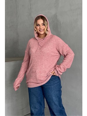 Stil Diva Büyük Beden Kadın Kapüşonlu Uzun Kollu Pembe Ince Örme Sweatshirt Ekstra Rahat Tasarım