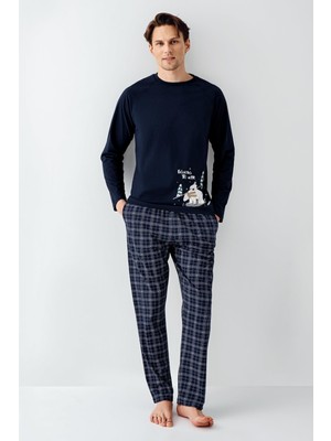 Arnetta Erkek Aile %100 Pamuk 4 Mevsim Bisiklet Yaka Uzun Kollu Ekoseli Pijama Takım