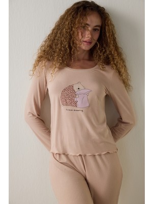 Bej Dreaming Leopar Desenli Bisiklet Yaka Uzun Kollu Pijama Üstü