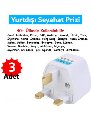Hac Umre 40+Ülke Yurtdışı Seyahat Prizi Adaptör Fiş Topraklı G Tipi (3 Adet)