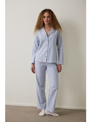 Penti Açık Mavi Cozy Çizgili Gömlek Yaka Düğmeli Pamuklu Uzun Kollu Pijama Takımı