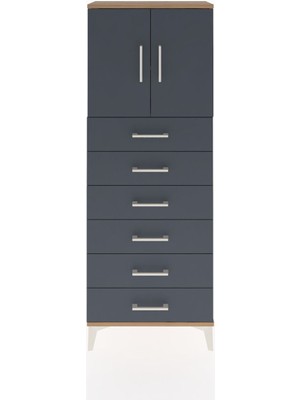 Arges Dolap 2 Raflı 6 Çekmeceli 2 Kapaklı 60X30X163 Çam-Antrasit