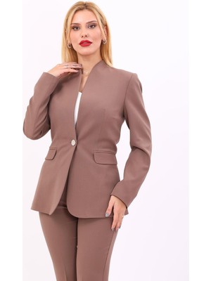Kendinden Dik Yakalı Ceket-Kahve