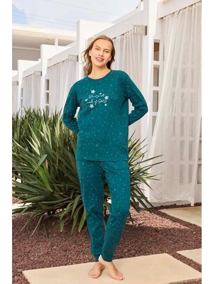 Aydoğan Kadın Lavin Ribana Manşetli Teal Renk Koton Pijama Takım 0524