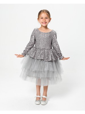 Kız Çocuk Payetli Tül Katlı Abiye Elbise Özel Gün ve Doğum Günü