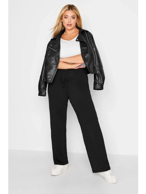 Stil Diva Büyük Beden Kadın Cepsiz Lastikli ve Bağcıklı Geniş Paça Pantolon Siyah Dokuma Kumaş 140052