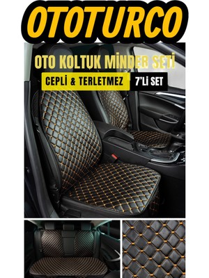 Ergonomik,ortopedik,suni Deri Kapitoneli Lüks Ototurco Oto Koltuk Kılıfı-Minderi (7li Tam Set)Siyah-Turuncu
