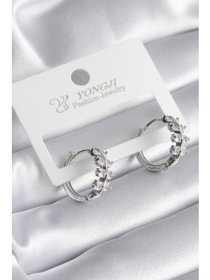 Pirinç Gümüş Renk Zirkon Taşlı Kadın Küpe