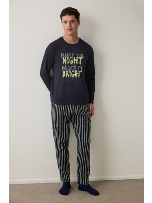 Çizgili Night Erkek Bisiklet Yaka Uzun Kollu Pijama Takımı