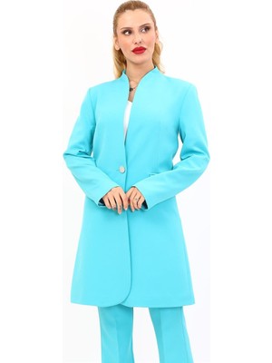 Kendinden Dik Yakalı Tek Düğmeli Uzun Ceket-Turkuaz