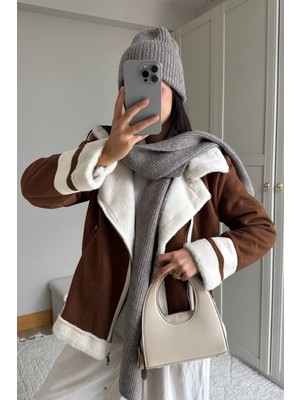 Kadın Süet Mont Oversize Içi Kürklü Fermuarlı Cepli Kol Detaylı Ceket Yaka Kışlık Kaban