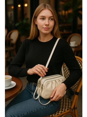 Kadın Çapraz Askılı Çok Gözlü Fermuar Detaylı Omuz Çantası