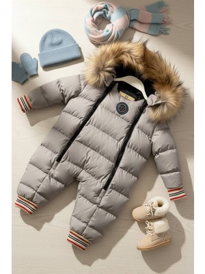 Astronot Tulum Çift Fermuarlı Kürk Kapüşonlu Gri Tulum