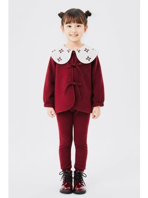 Miniğimin Cicileri Fiyonklu Geniş Yaka Polar Kız Çocuk Kışlık 2’li takım - Bordo