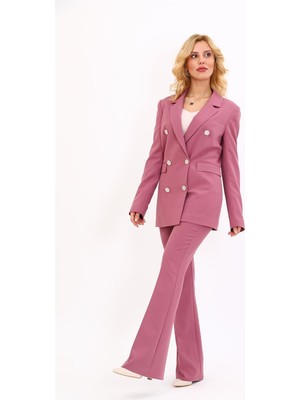 Erkek Yaka Kuruvaze Blazer Ceket & Ispanyol Paça Pantolon-Rose