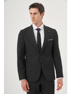  Erkek Füme Poliviskon Basic Slim Fit Sivri Yaka Takım Elbise