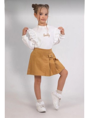 Kız Çocuk Dantel Nakış Süsleme Sweat Bluz Lastikli Bel Dokuma Gabardin Şort Etek Takım