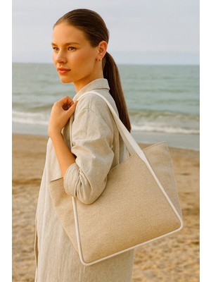 Kadın Omuz Çantası – Keten Kumaş Deri Detaylı Lüks Çanta