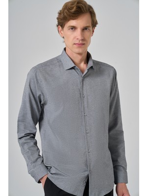  Erkek Gri Slim Fit Italyan Yaka Gömlek