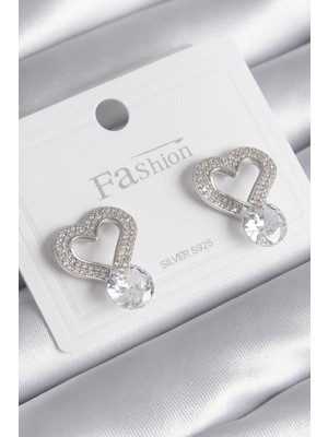 Pirinç Gümüş Renk Zirkon Taşlı Kalp Model Damla Zirkon Taş Detay Kadın Küpe