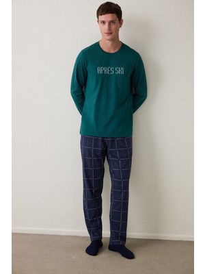 Yeşil Erkek Ski Ekoseli Bisiklet Yaka Pijama Takımı