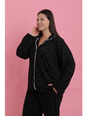 Moda Serdem Modaserdem  Kadın Büyük Beden Siyah Beyaz Biyeli Desenli Düğmeli Pijama Takımı