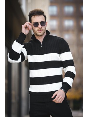 Bertrand Dik Yaka Fermuarlı Çizgili Pamuklu Kalın Erkek Kazak