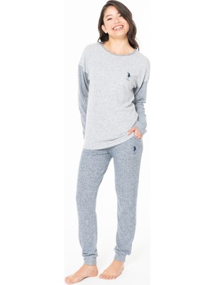 U.s. Polo Assn. 20129 Kadın Lacıvert Melanj Yuvarlak Yaka Uzun Kollu Pijama Takımı