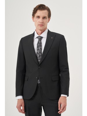  Erkek Siyah Yünlü Platinium Classic Çizgili Slim Fit Sivri Yaka Takım Elbise