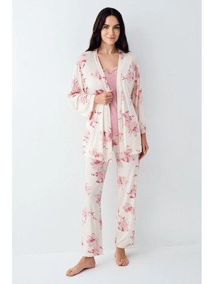 Pierre Cardin 9058 Kadın Gül Kurusu Sabahlıklı Ip Askılı Dantel Detaylı 3'lü Pijama Takımı