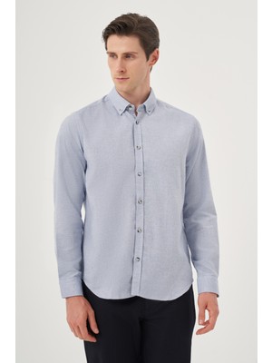  Erkek Mavi Kışlık Düğmeli Yaka Dynamic Fit Gömlek